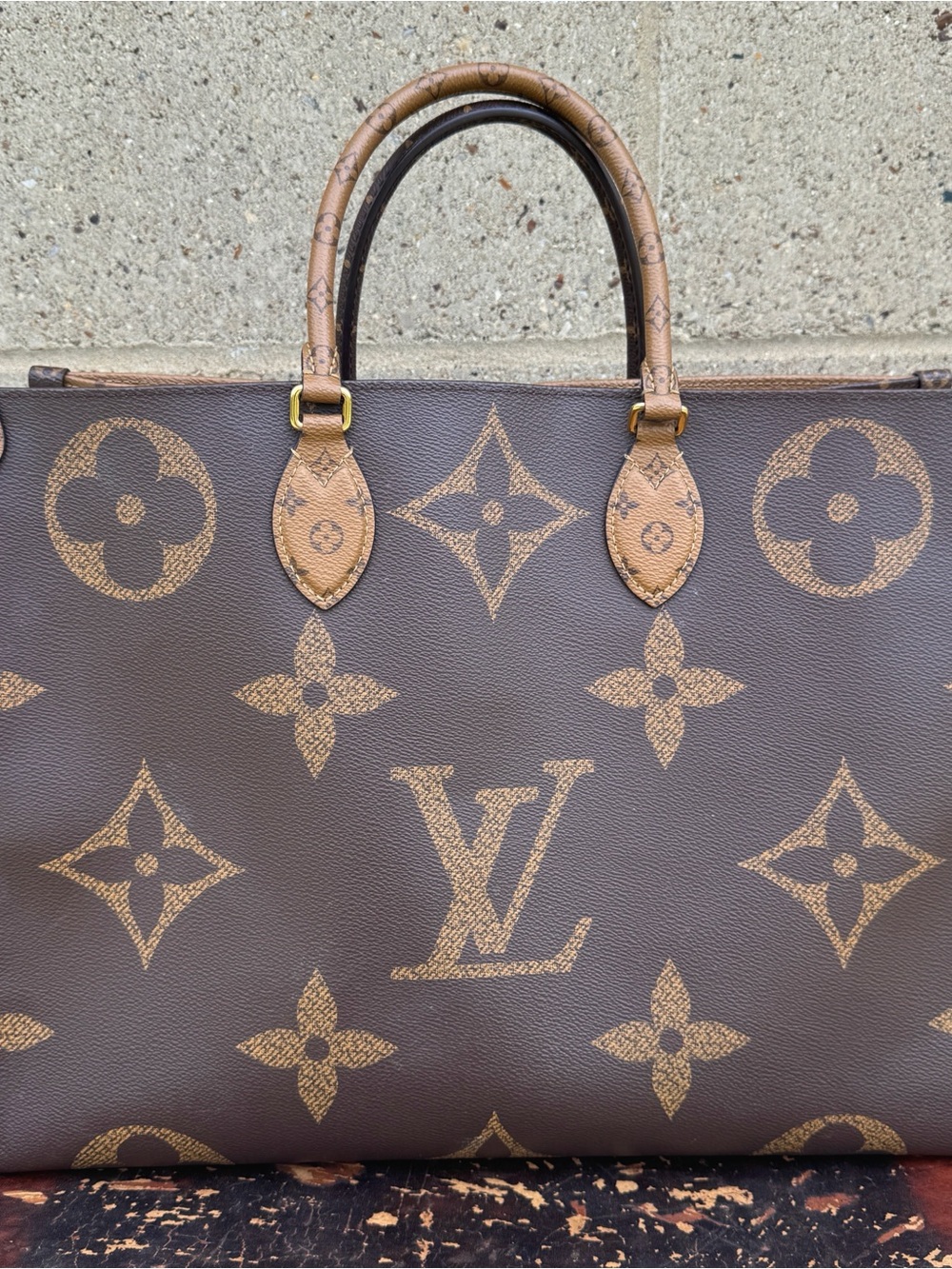 Louis Vuitton OnTheGo Brown Tan Reverse Monogram Giant GM Canvas Tote